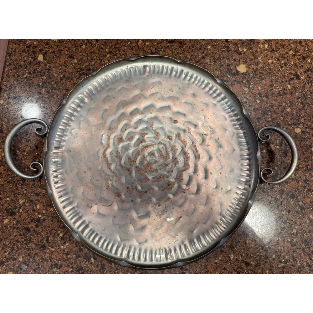 Vintage Gregorian Copper Hammered Rose Tray Scroll Handles Mid Century USA